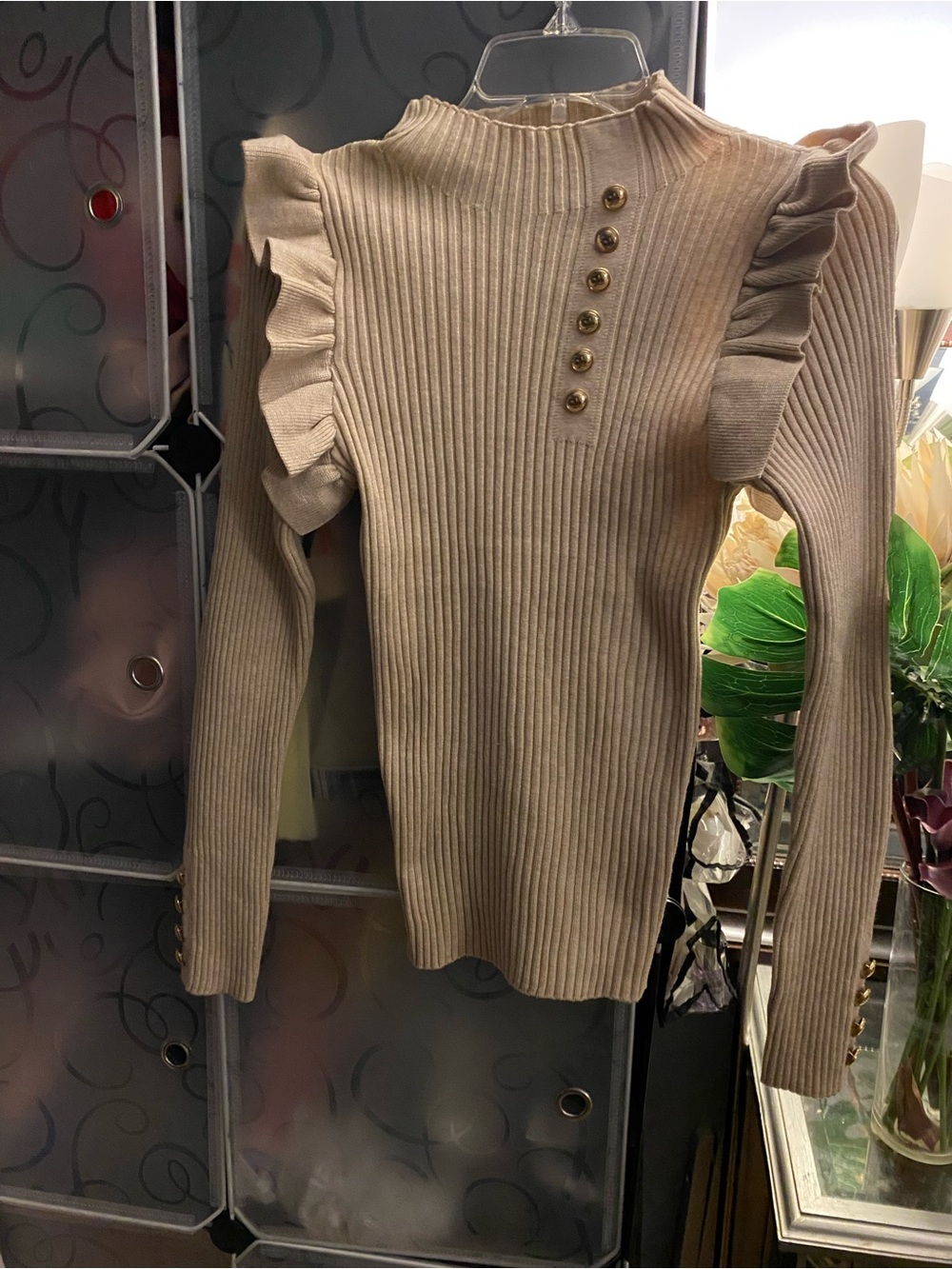 Chic Beige Woman’s Ruffle on Shoulders Sweater Top with Gold Buttons